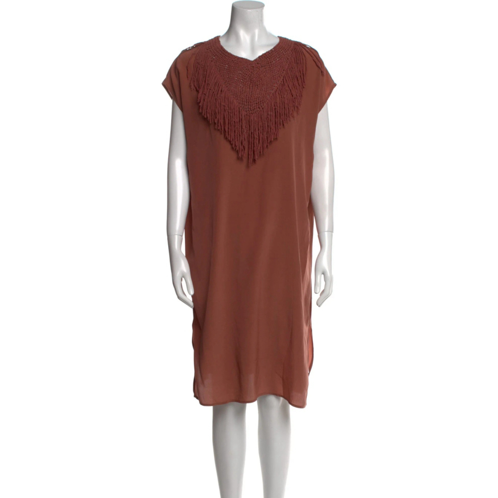 Ulla Johnson Liu Silk Fringe Brown Dress Size 4 Small Midi Women's Short Sleeve